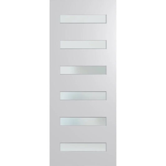 Modern front door featuring horizontal frosted glass inserts to allow light through