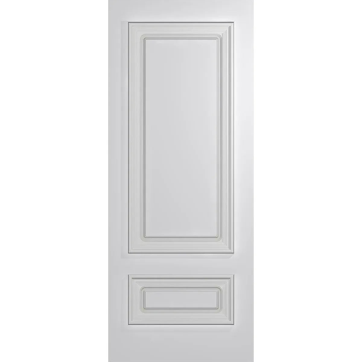 Front door with two panel deep carved design and heavy moulding on external face
