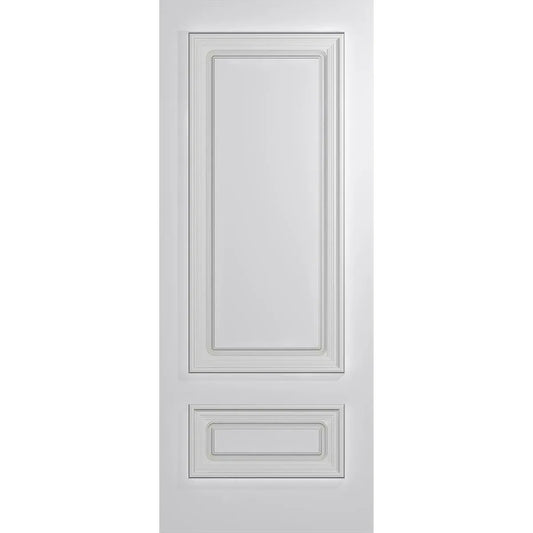 Front door with two panel deep carved design and heavy moulding on external face