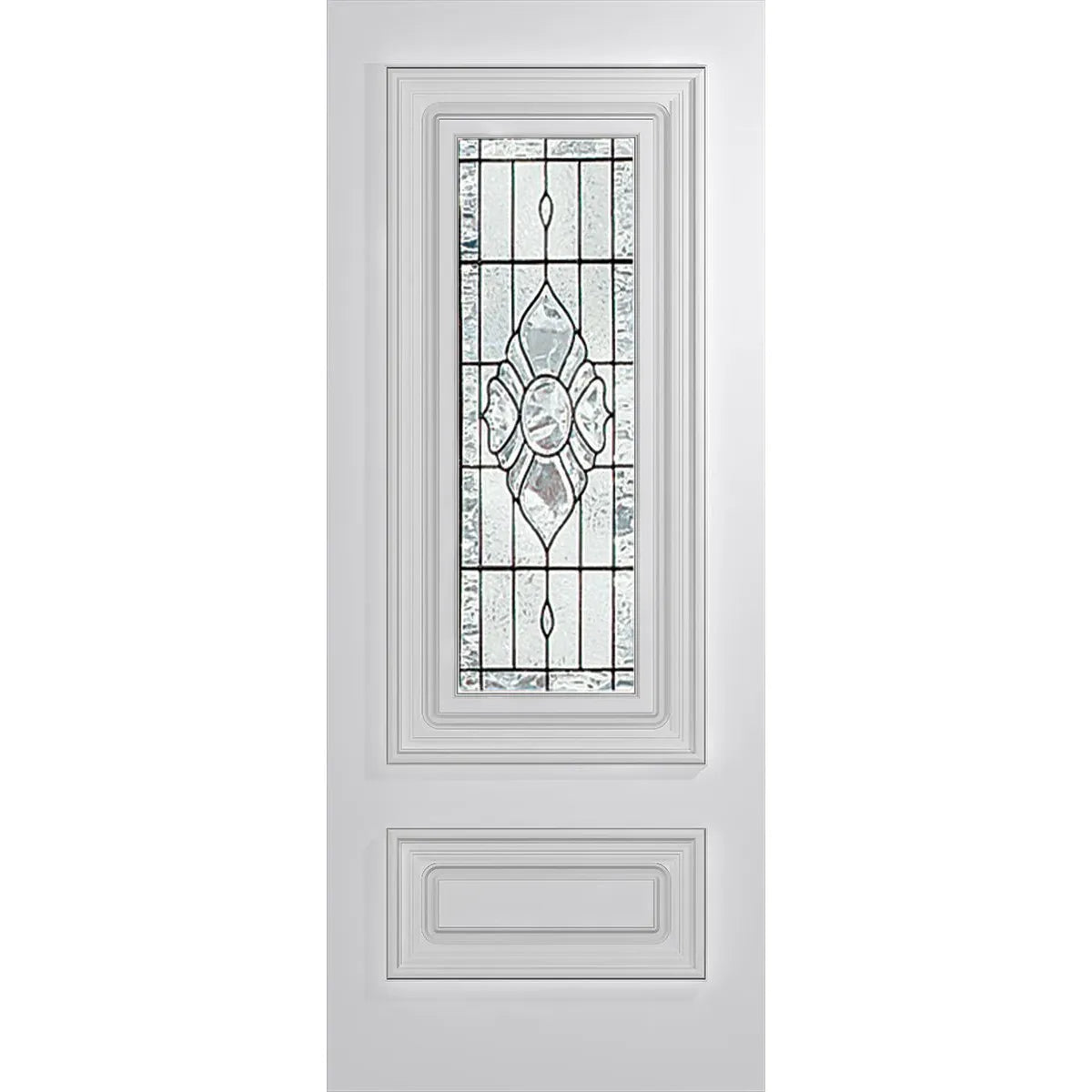 Classic front door with deep routed designs, large moulding and clear triple  glazed glass.