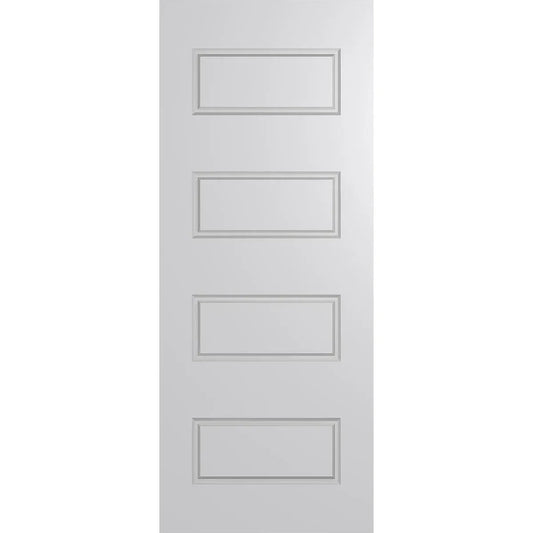 External door with large horizontal panels routed into the door face