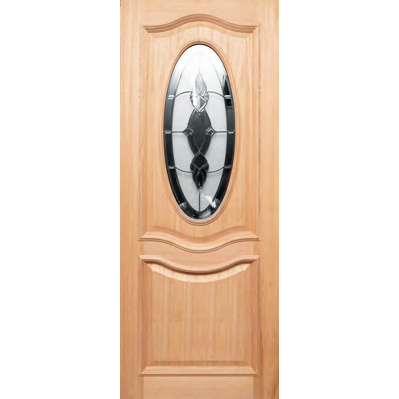 Front Door with oval shaped triple glass, made of wood joinery. Timber moulding added to external face of door. 