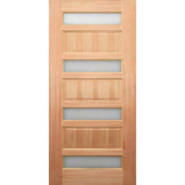 Detailed wooden door with glass and wood panels. 