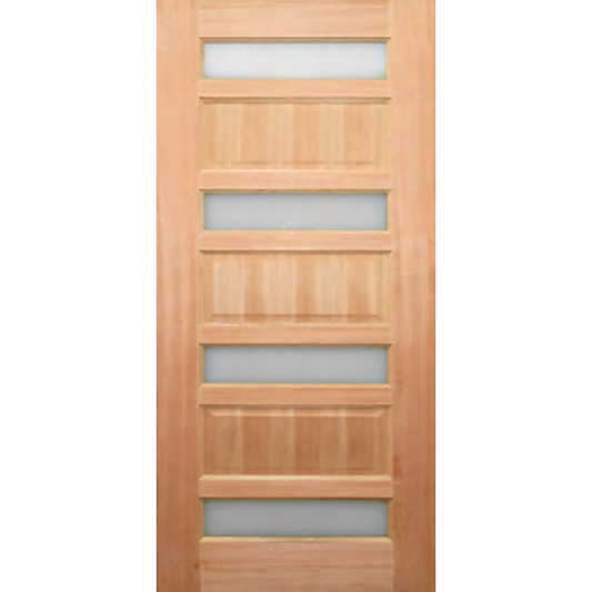 Detailed wooden door with glass and wood panels. 