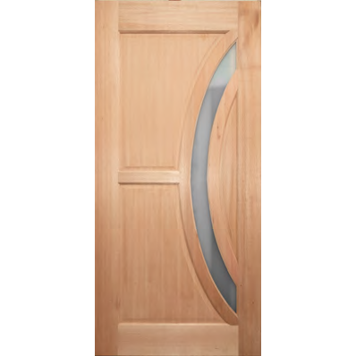 Wooden joinery front door with curved glass feature on one side. 